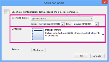 Salvare il calendario e scegliere i dettagli