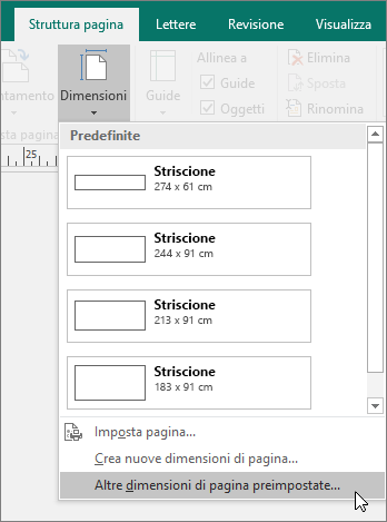 Screenshot dell'opzione Altre dimensioni di pagina preimpostate nella scheda Struttura pagina in Publisher.