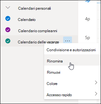 Screenshot del menu di scelta rapida del calendario, con Rinomina selezionato