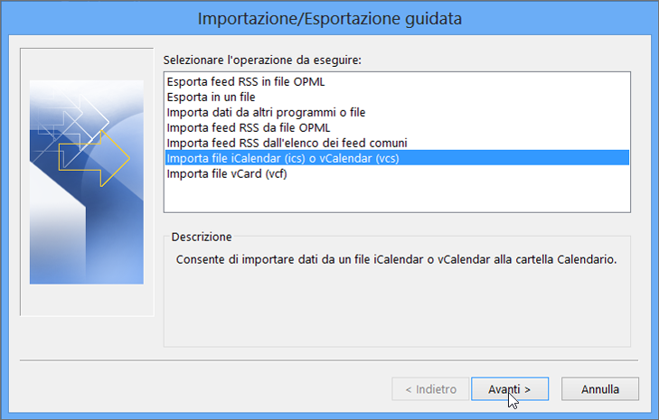 Scegliere di importare un file iCalendar o vCalendar.