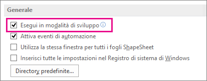 Casella di controllo Esegui in modalità di sviluppo