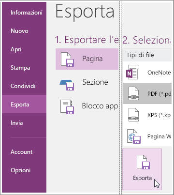 Screenshot che illustra come esportare una pagina di note in OneNote 2016.