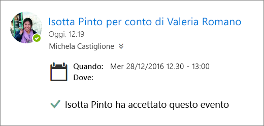 Screenshot di un invito alla riunione accettato da un delegato.