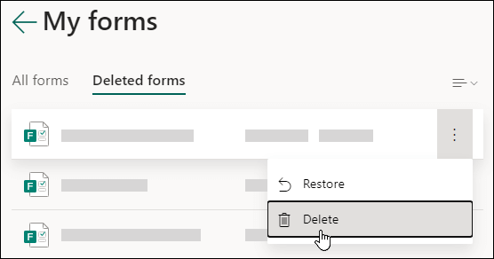 Microsoft Forms 삭제된 양식 탭에서 폼을 삭제합니다.