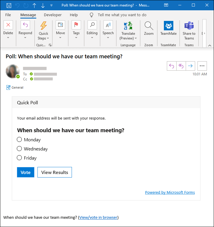 Outlook 전자 메일 메시지에서 폴링 Microsoft Forms