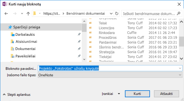 „OneNote for Windows 2016“ naujo bloknoto kūrimo dialogo langas