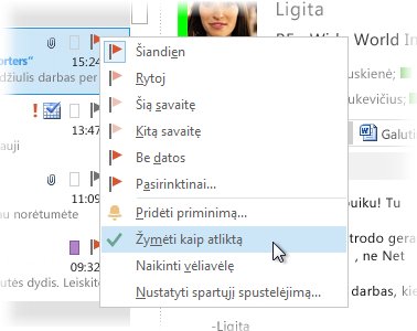 Dešiniojo pelės klavišo meniu laiškų sąraše komanda Žymėti kaip atliktą