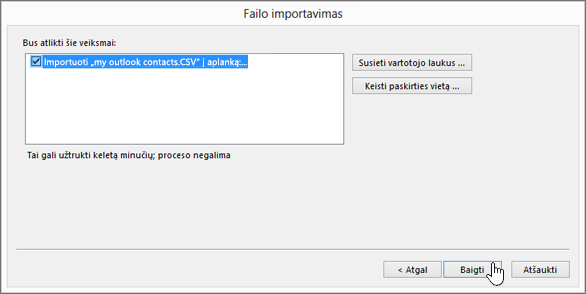 When you import Gmail contacts to your Office 365 mailbox, click the Finish button to start the migration