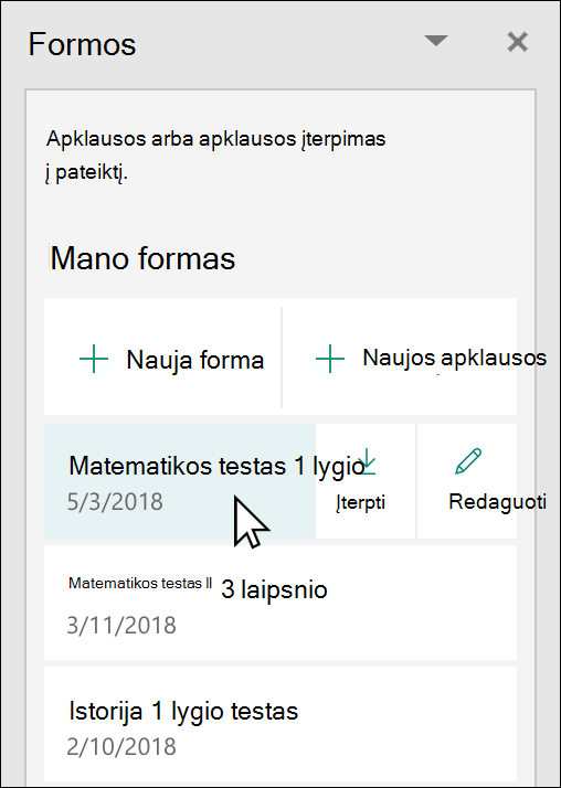 Formos ar apklausos įterpimas iš "PowerPoint" Microsoft Forms srities