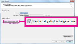 Dialogo lango Keisti abonementą žymės langelis Naudoti talpyklinį Exchange režimą