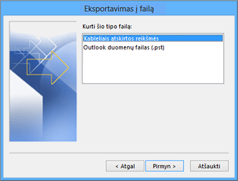 „Outlook“ eksportavimo vediklis – pasirinkite CSV failą