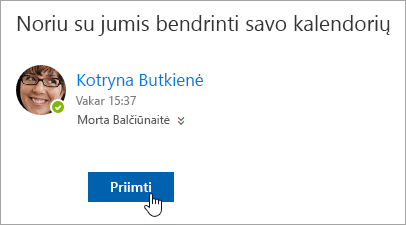 Mygtuko Priimti, esančio bendrinamo kalendoriaus el. laiške, ekrano kopija.  