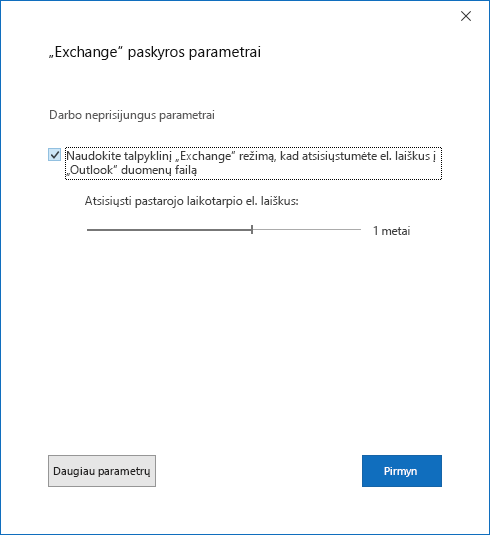 Paskyros sąrankos dialogo langas, "Exchange" paskyros parametrų puslapis.