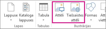 Ekrānuzņēmums, kurā redzamas opcijas Ievietot attēlus izvēlnē Ievietot programmā Publisher.