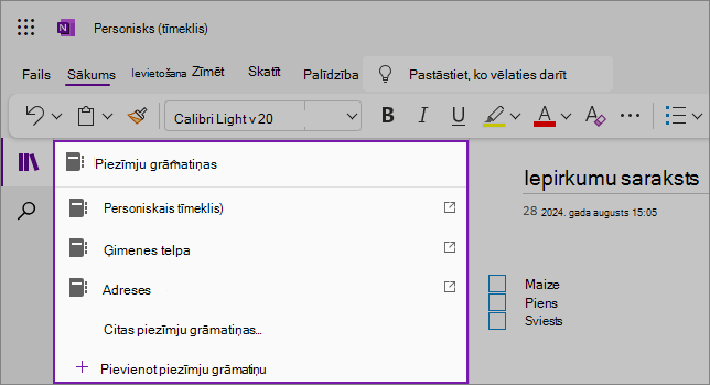 OneNote piezīmju grāmatiņu nolaižamā piemēru saraksta ekrānuzņēmums