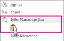 Noklikšķināšana ar peles labo pogu un opcijas Ielīmēt izvēlēšanās