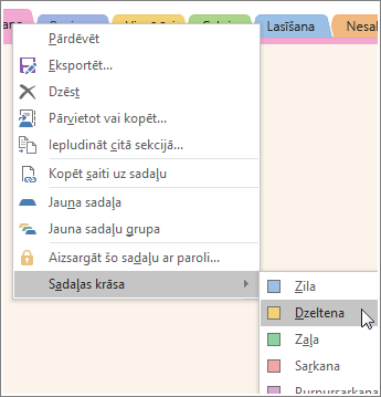 Screenshot of how to change a section color in OneNote 2016.