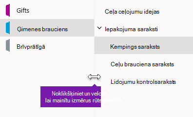 Navigācijas rūšu izmēru maiņa programmā OneNote darbam ar Windows 10