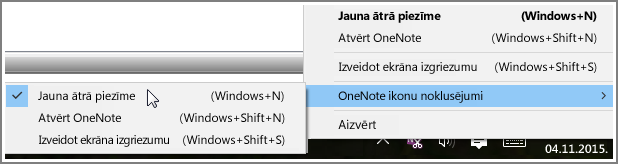 Ekrānuzņēmums, kurā redzama sistēmas tekne ar OneNote opcijām.