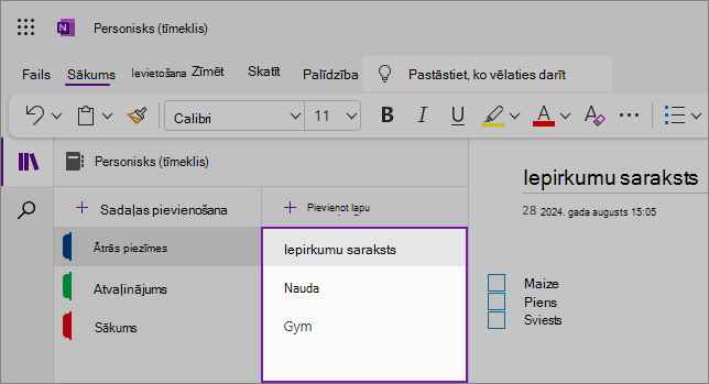 OneNote tīmekļa lietotāja interfeisa skats, kurā parādīts satura apgabals