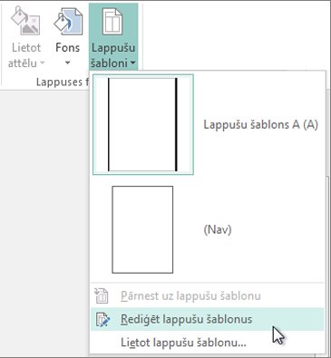 Ekrānuzņēmums, kurā redzama nolaižamā izvēlne Lappušu šablonu rediģēšana programmā Publisher.
