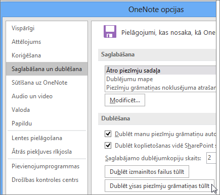 Screenshot of the OneNote Options dialog box in OneNote 2016.