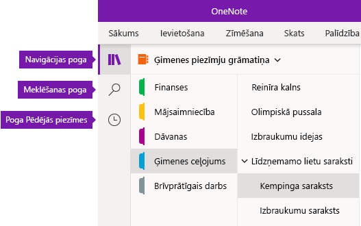 Navigācijas josla programmā OneNote darbam ar Windows 10