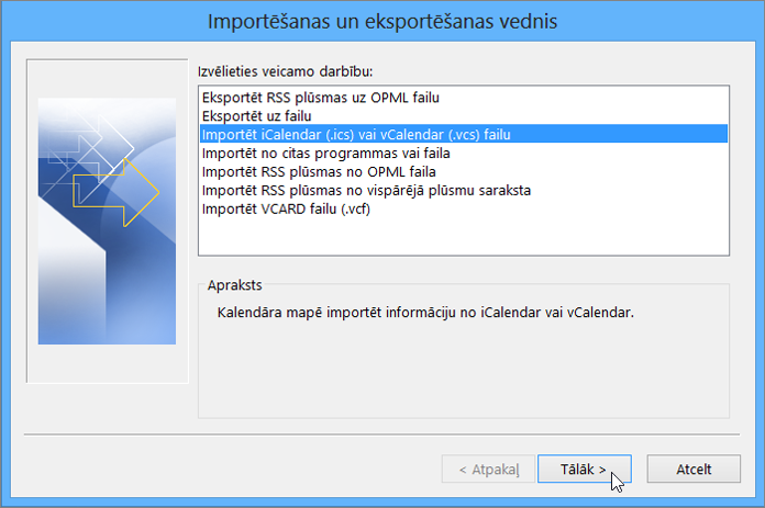 Izvēlieties Importēt iCalendar vai vCalendar failu