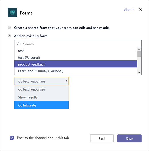 Esošas grupas veidlapas pievienošana lietojumprogrammā Microsoft Teams