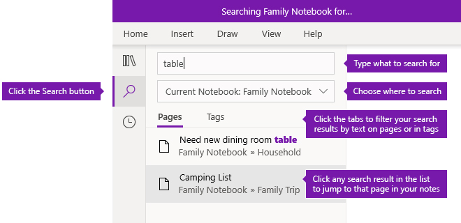 Meklēšanas rūts opcijas programmā OneNote darbam ar Windows 10