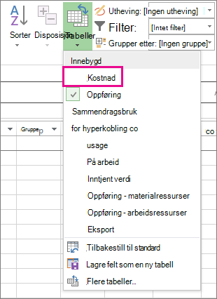 Kostnadstabell på Tabeller-menyen