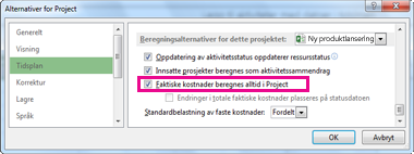 Tidsplan-fanen i dialogboksen Alternativer for Project