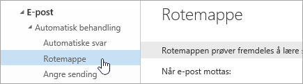 Et skjermbilde av markøren som svever over Rot i Innstillinger-menyen.