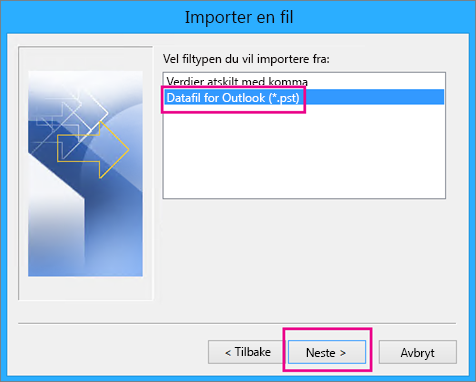 Velg å importere en datafil for Outlook (pst-fil)