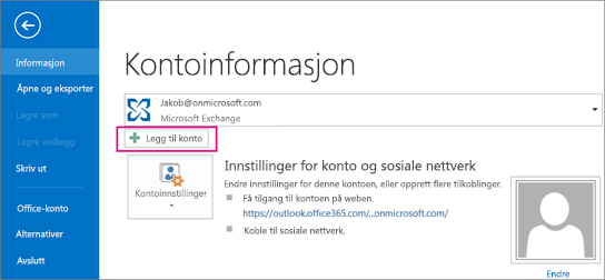 Klikk Legg til konto-knappen for å legge til en Gmail-konto i Outlook