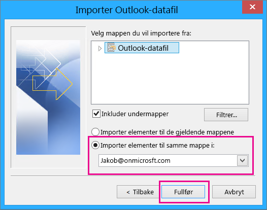 Velg Fullfør for å importere PST-filen for Outlook til Office 365-postboksen.