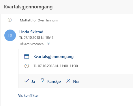 Et skjermbilde av en møteinvitasjon som er sendt til en representant