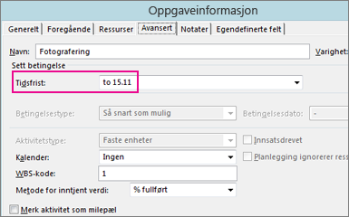 Angi en tidsfrist for en aktivitet