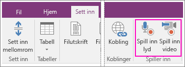 Skjermbilde av knappene Sett inn meny med AV i OneNote 2016.