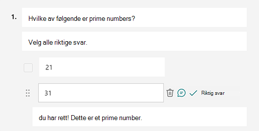 Tilpasset riktig svarmelding i Microsoft Forms