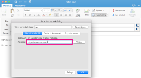 Dialogboksen for hyperkobling i Outlook for Mac