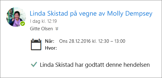 Et skjermbilde av en møteinvitasjon godkjent av en representant.