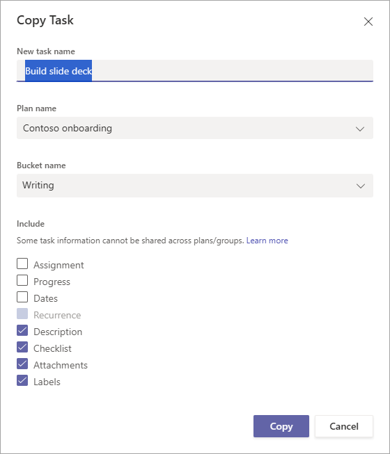 Copy task dialog for copying within a task within a plan