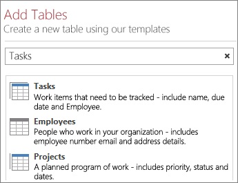 The table template search box on the Add Tables screen.