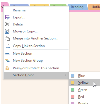 Screenshot of how to change a section color in OneNote 2016.