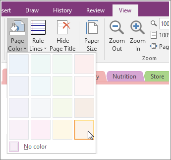 Screenshot of the Page Color button in OneNote 2016.