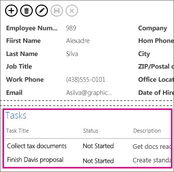 A view in an Access app with tasks displayed in a Related Items Control.