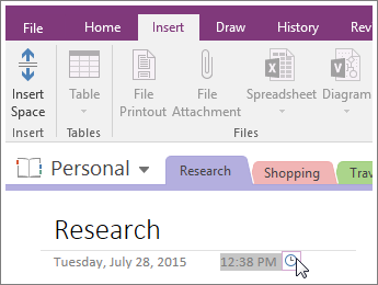 Screenshot of how to change the time stamp on a page in OneNote 2016.