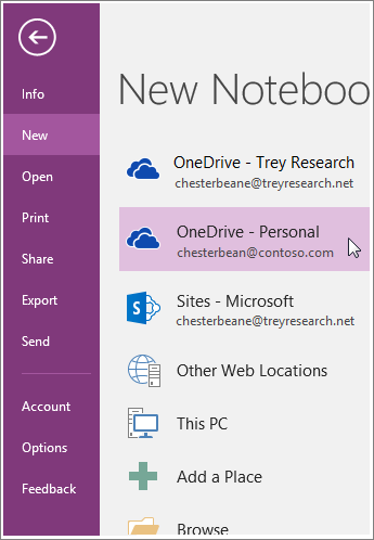 Screenshot of how to create a new OneNote notebook.