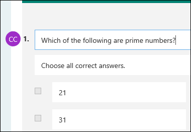 Contributor initials displayed next to quiz question